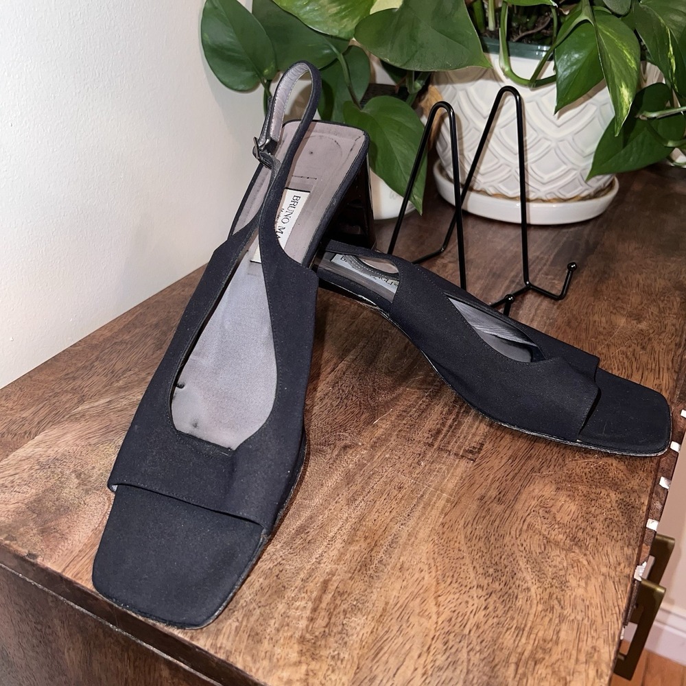 Bruno Magli Square Open Toe Black Fabric‎ Slingback Sandal Gunmetal Heel Sz 11.5